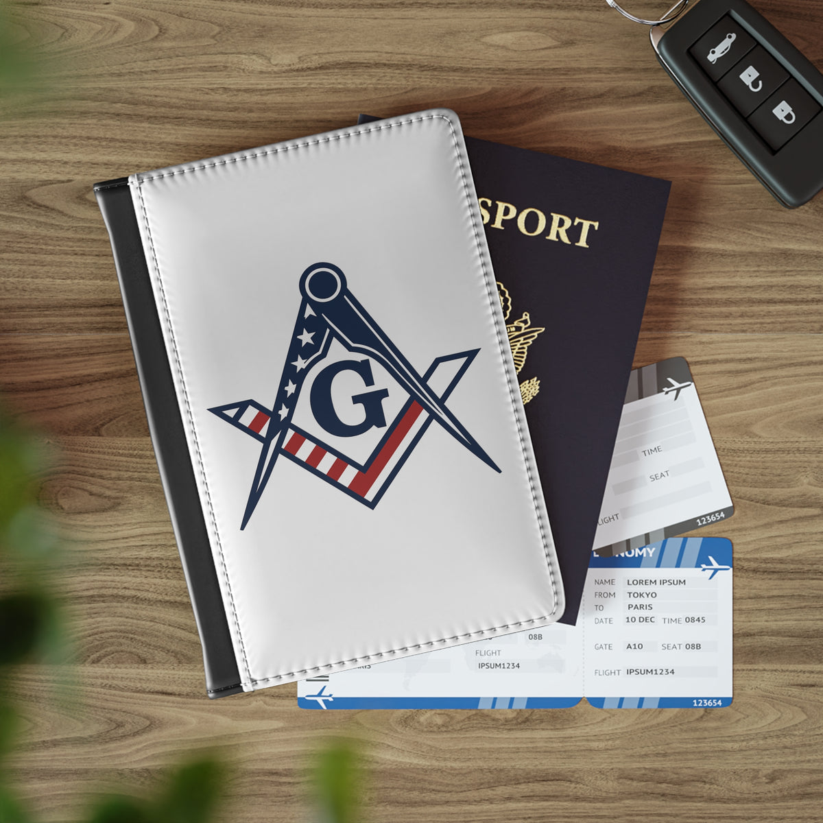 Master Mason Blue Lodge Passport Cover - US Flag Square & Compass G PU Leather - Bricks Masons