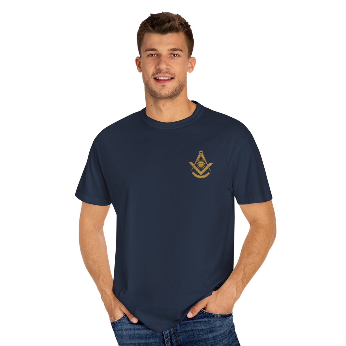 Past Master Blue Lodge T-Shirt - Garment-Dyed Square & Compass, Quadrant - Bricks Masons