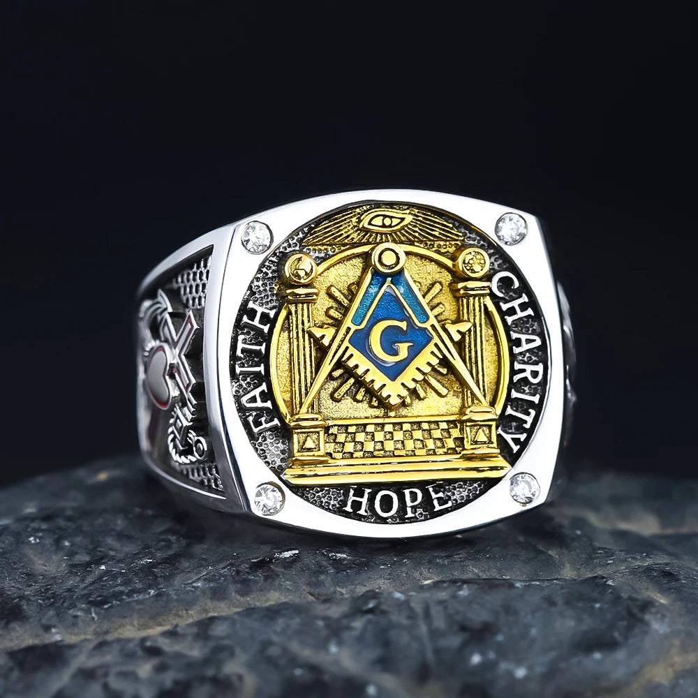 Master Mason Blue Lodge Ring - Sterling Silver Faith Hope and Charity with S&C G