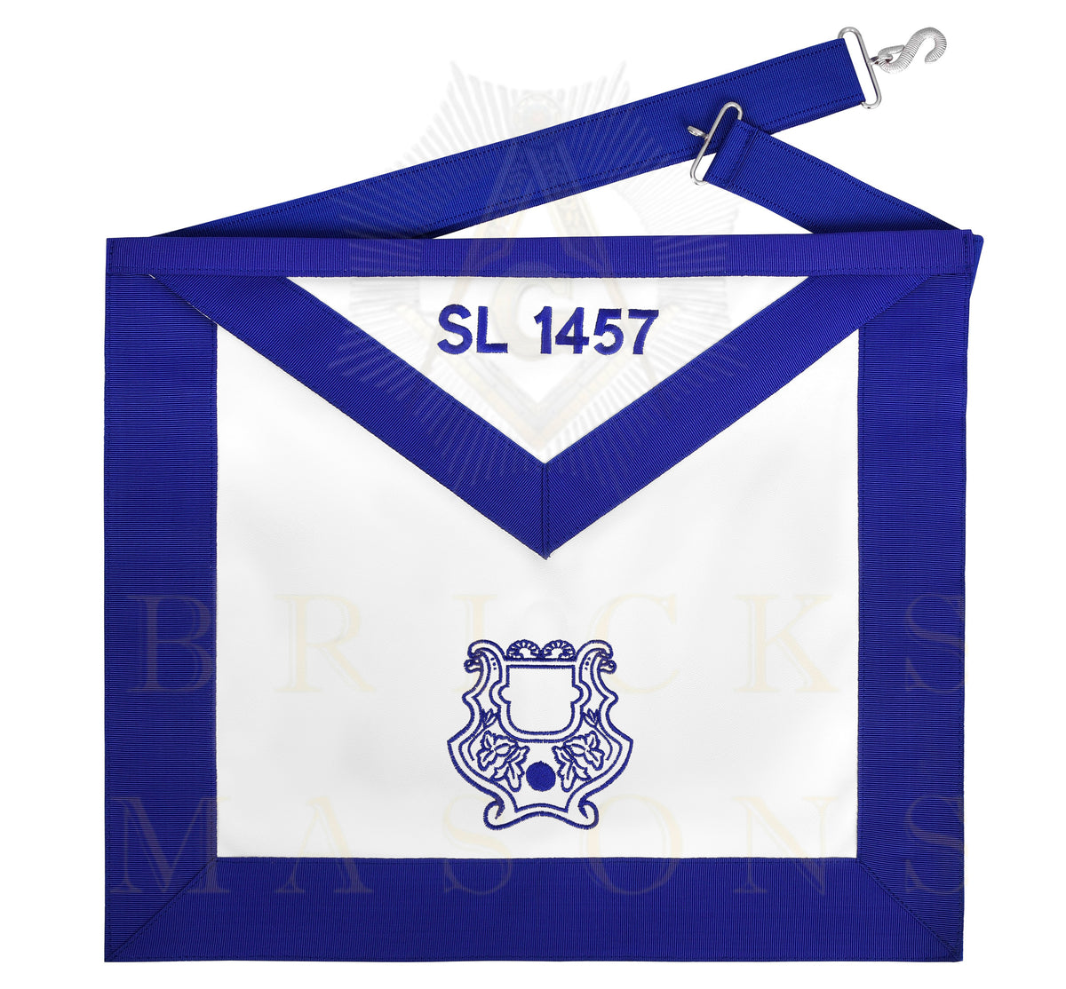 Organist Blue Lodge Officer Apron - Blue Ribbon With Machine Embroidery Customizable Flap - Bricks Masons