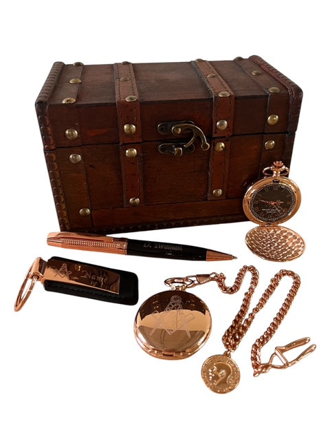 Master Mason Blue Lodge Pocket Watch - Keyring Gift Set Case Custom Engraved With 18K Rose Gold Certificate - Bricks Masons