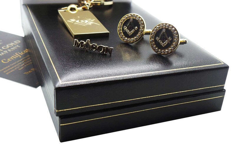 Master Mason Blue Lodge Cufflinks - 24k Gold Keychain Crystal & Lapel Pin Set - Bricks Masons