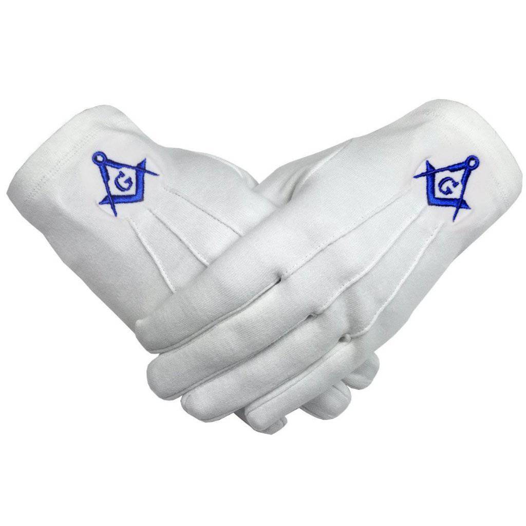 Master Mason Blue Lodge Gloves - White Cotton with Royal Blue Square & Compass G - Bricks Masons