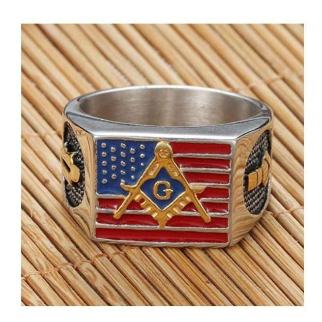 Master Mason Blue Lodge Ring - Compass and Square G USA Flag - Bricks Masons