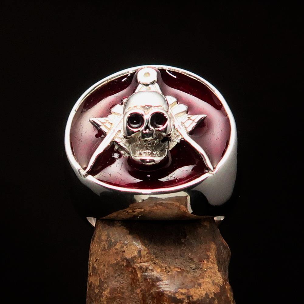Master Mason Blue Lodge Ring - Red Sterling Silver With Skull Square Compass - Bricks Masons