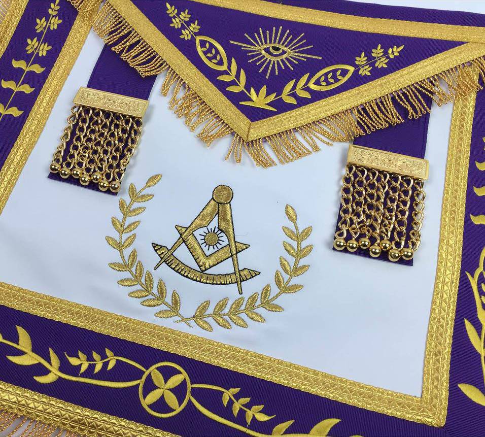 Past Master Blue Lodge Apron - White & Purple with Gold Fringe - Bricks Masons