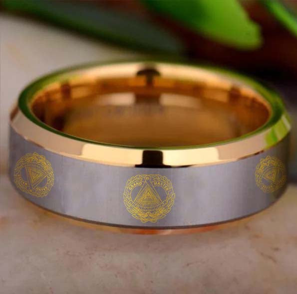 Grand Master Blue Lodge Ring - Gold Beveled Tungsten - Bricks Masons