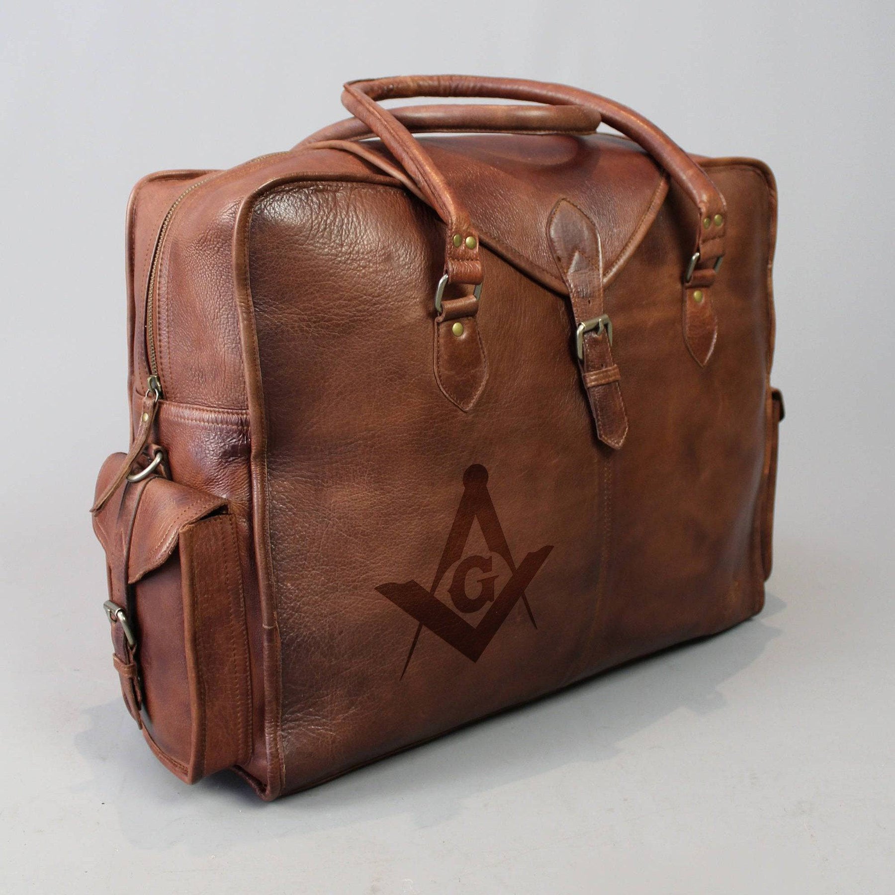 Master Mason Blue Lodge Travel Bag - Genuine Brown Leather