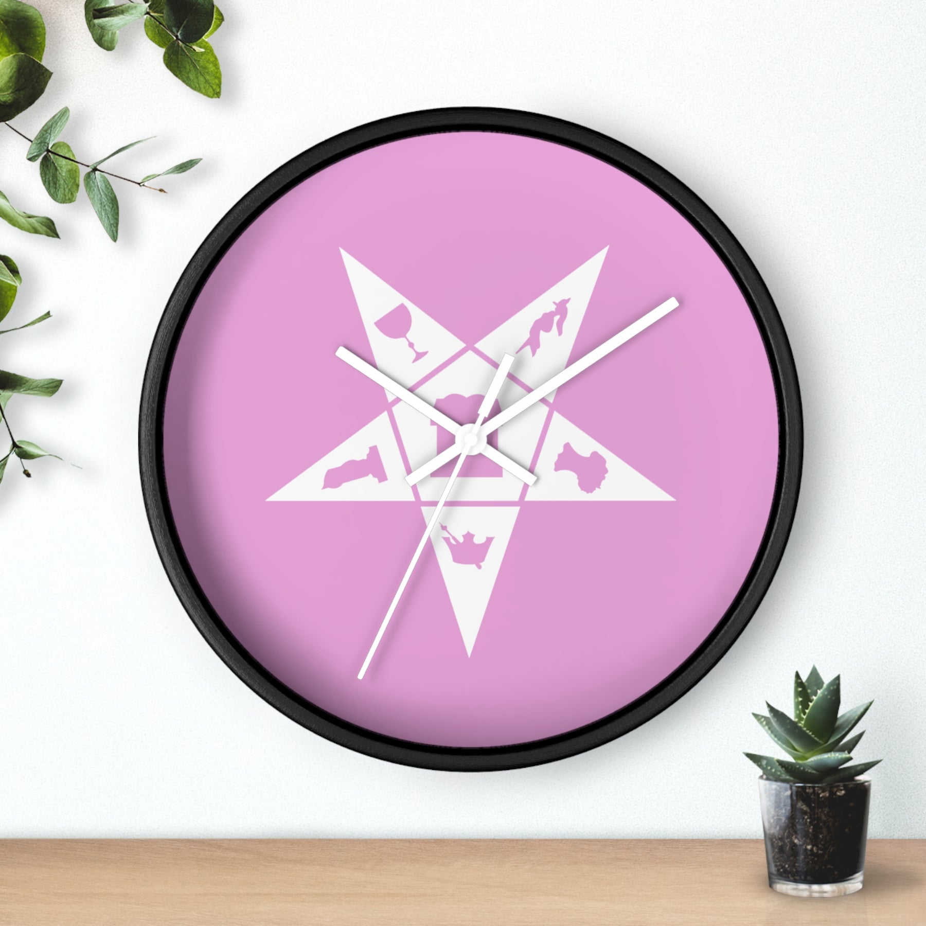 OES Clock - Wood Frame with White OES Emblem on Pink Dial - Bricks Masons