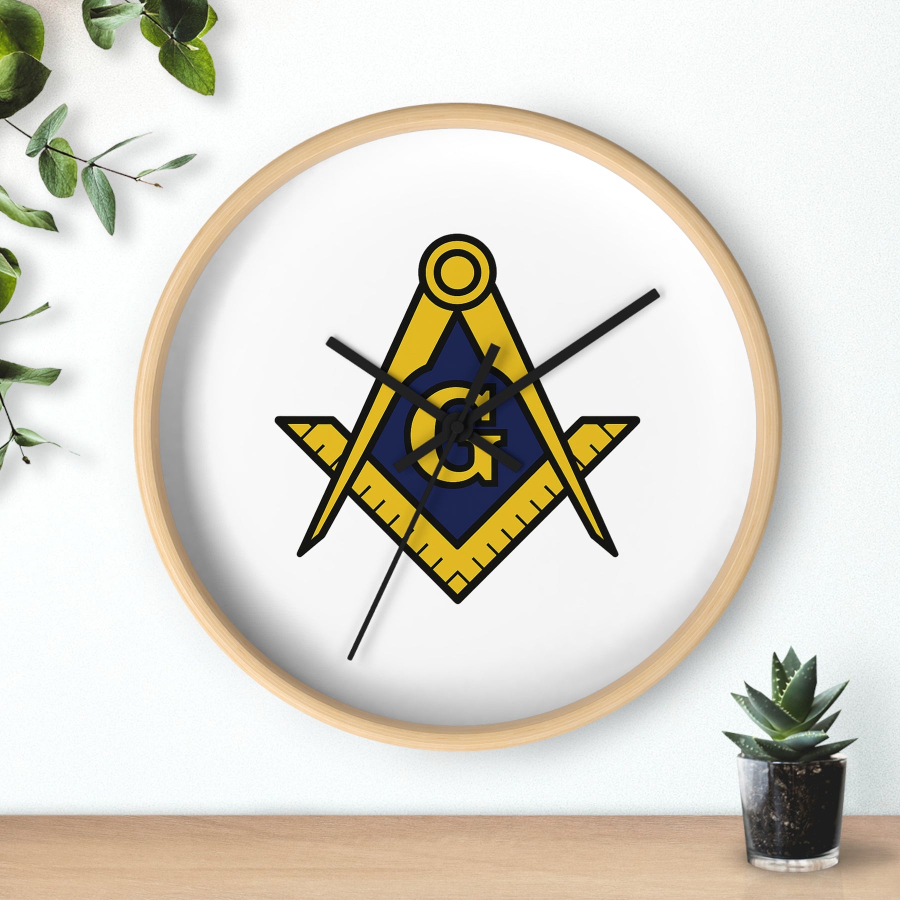 Master Mason Blue Lodge Clock - Wood Frame with Golden Square & Compass G - Bricks Masons