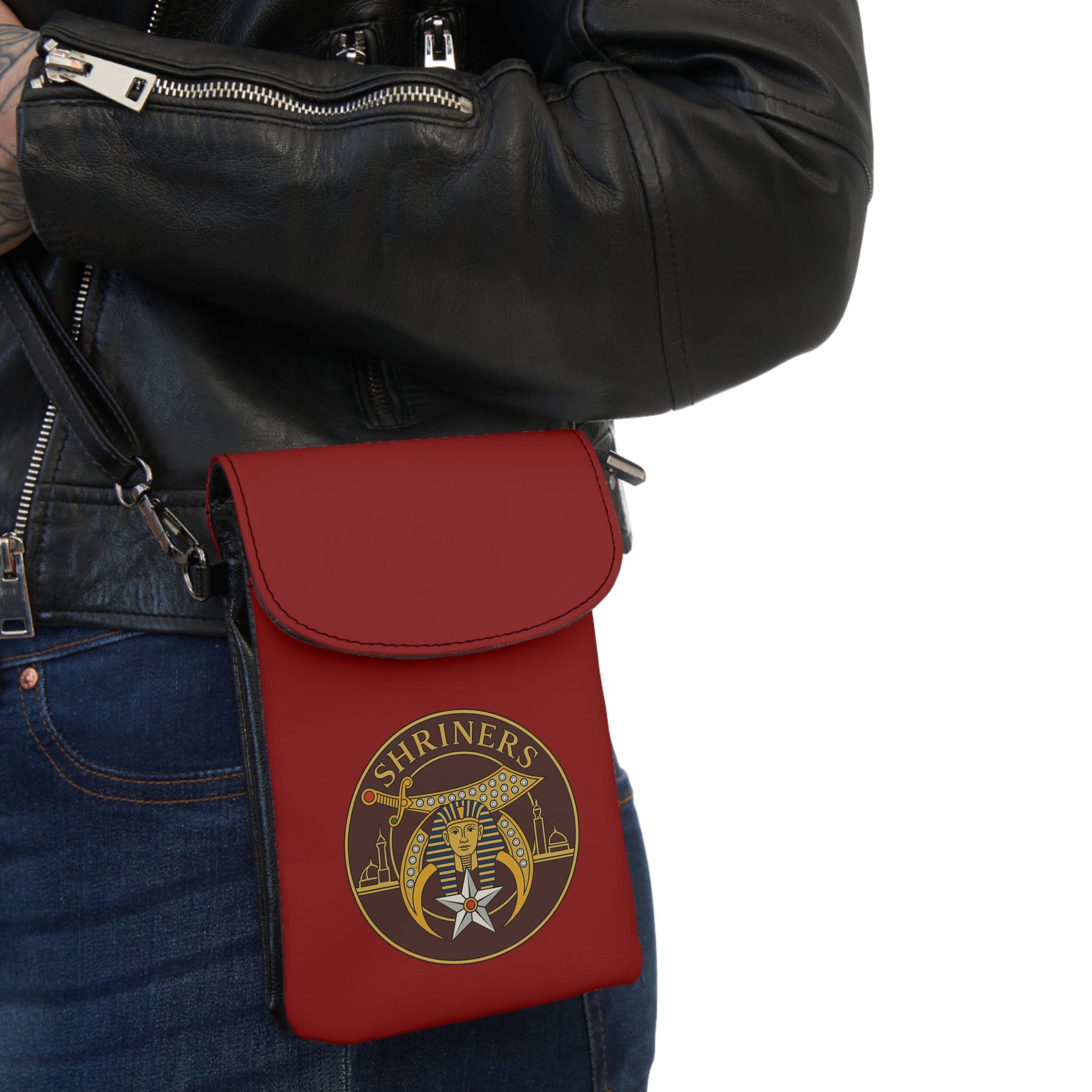 Shriners Cell Phone Wallet - Maroon Microfiber Leather Hands-Free Wallet - Bricks Masons