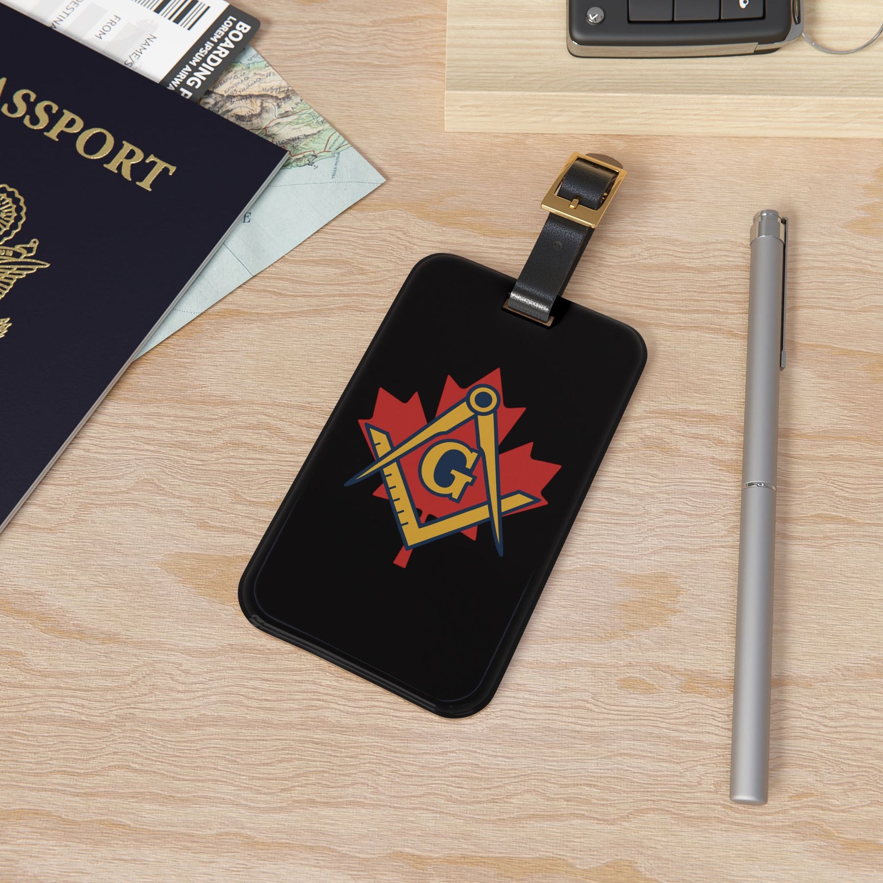 Master Mason Blue Lodge Canada Jurisdiction Luggage Tag - Maple Leaf Black Leather Strap - Bricks Masons