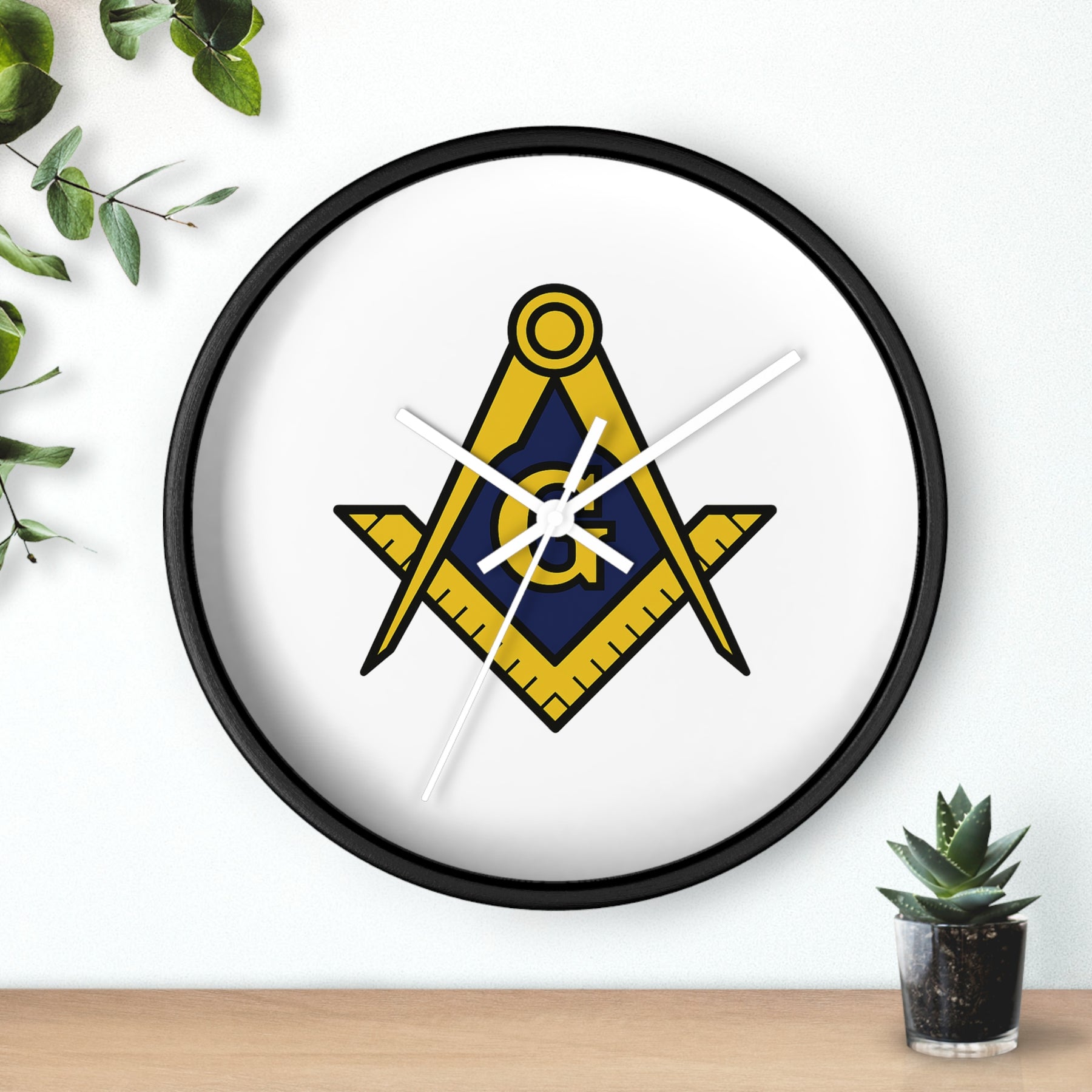 Master Mason Blue Lodge Clock - Wood Frame with Golden Square & Compass G - Bricks Masons