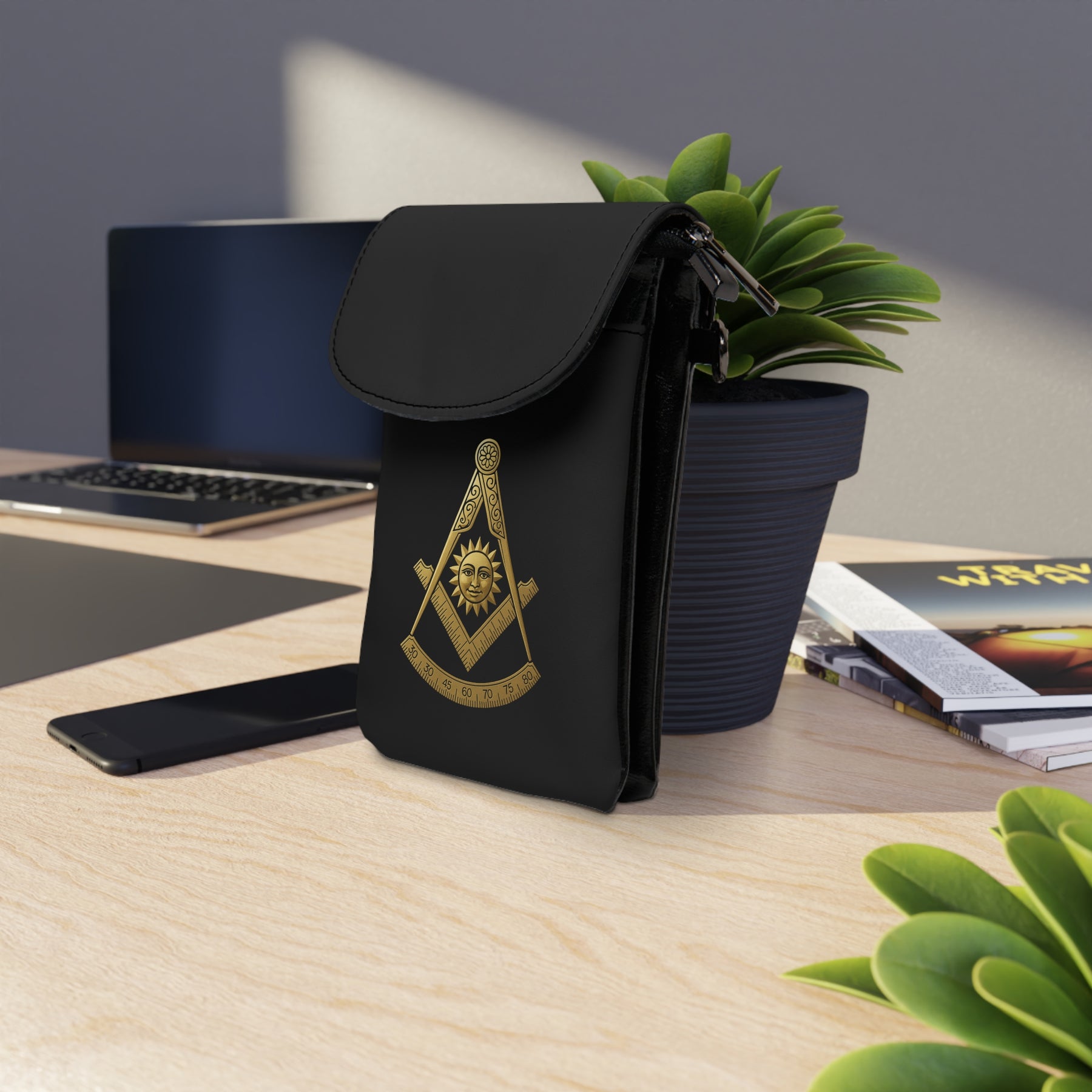 Past Master Blue Lodge Cell Phone Wallet - Gold & Black Microfiber Leather - Bricks Masons