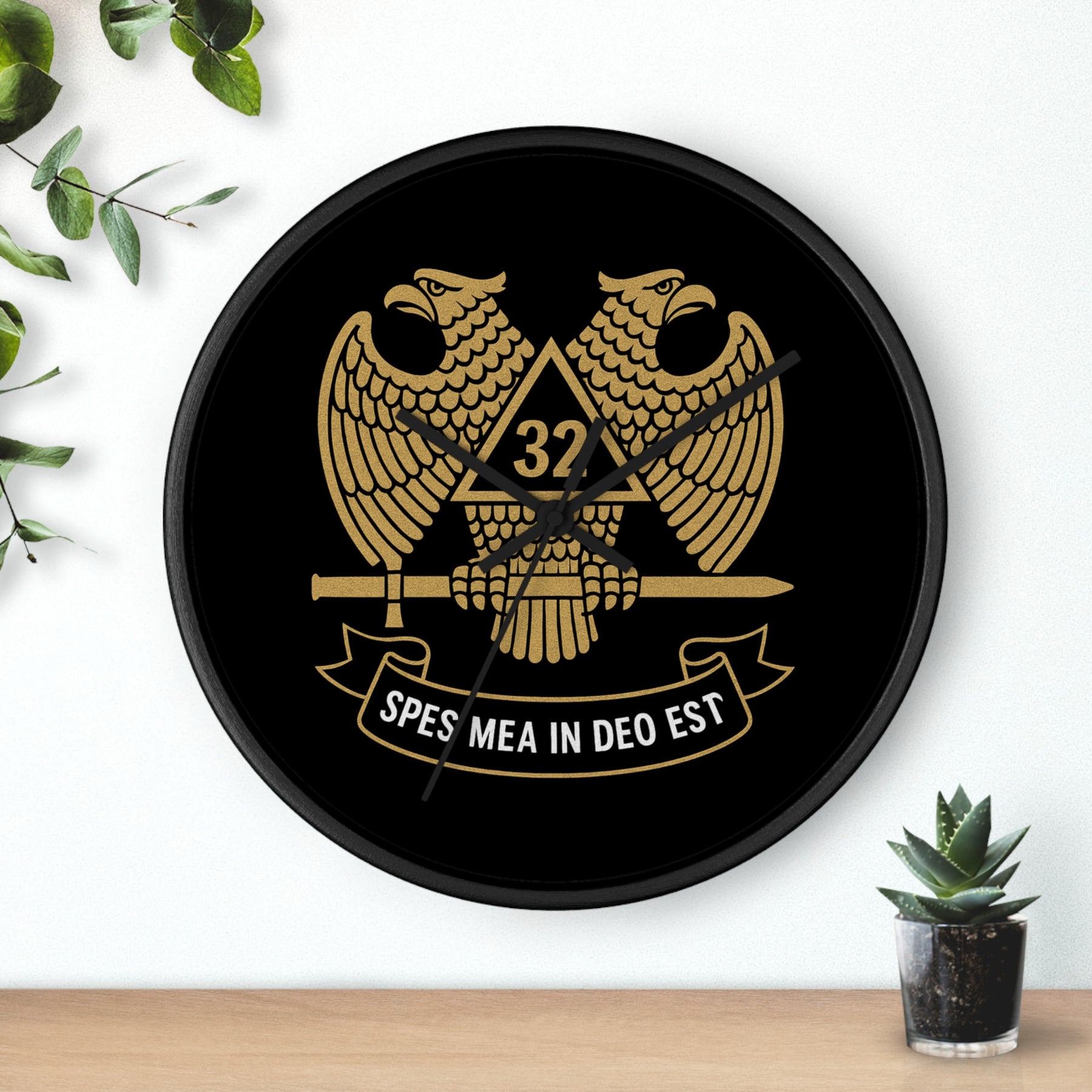 32nd Degree Scottish Rite Clock - Double Headed Eagle on Black Dial with Motto - Bricks Masons