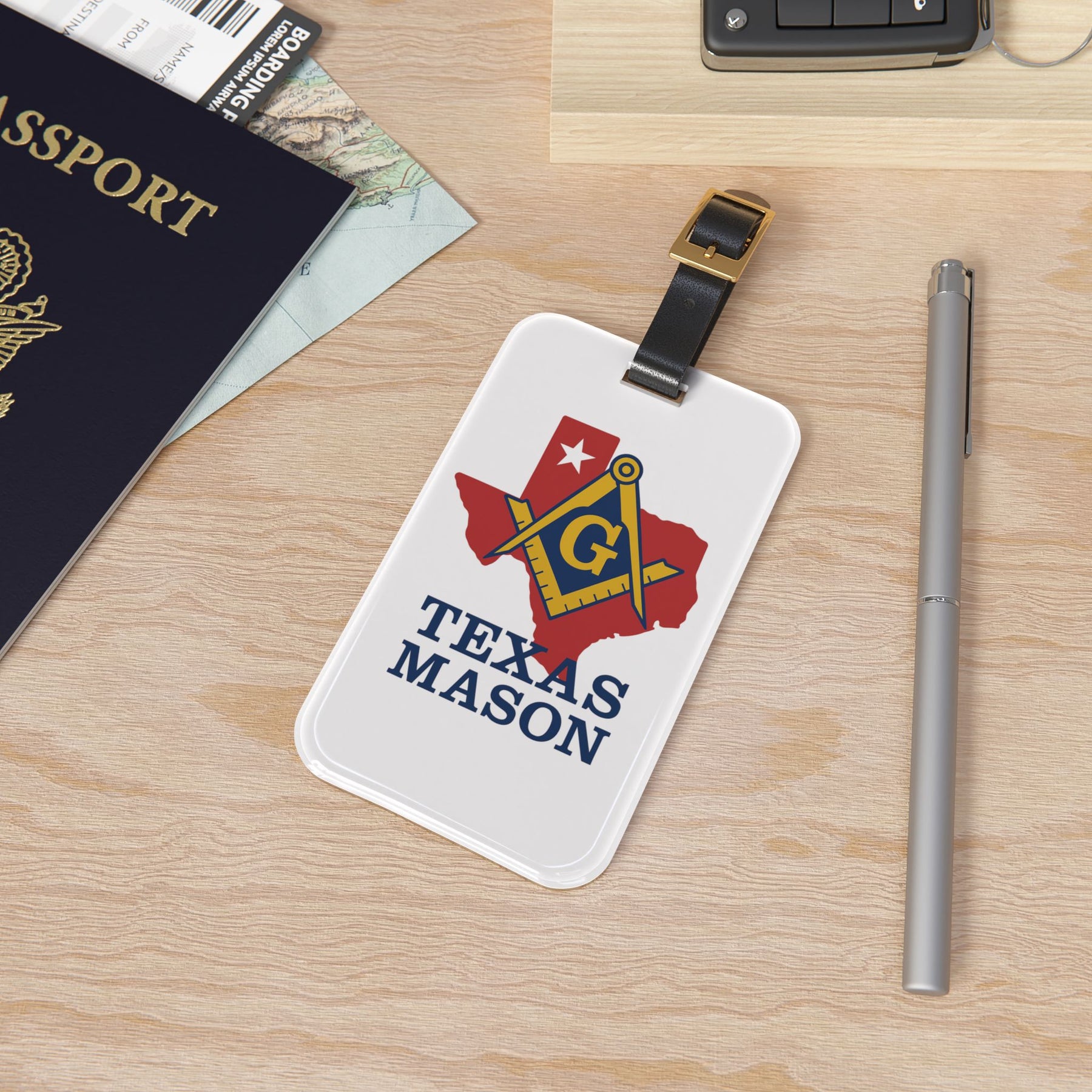 Master Mason Blue Lodge Luggage Tag - White Texas Mason With Black Leather Strap - Bricks Masons