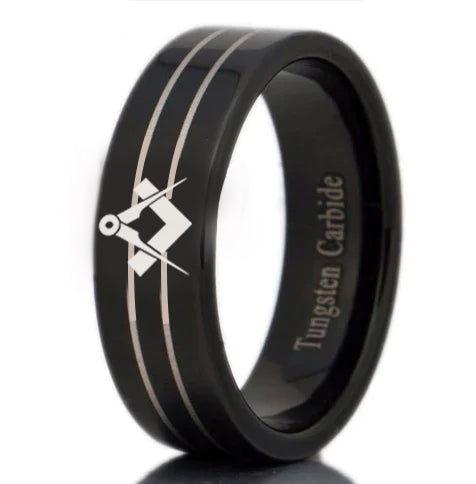 Master Mason Blue Lodge Rite Ring - Black Tungsten Personalizable - Bricks Masons