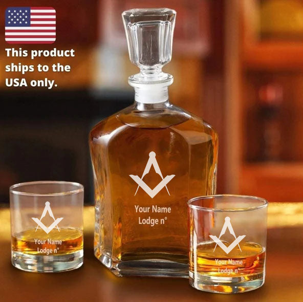 Master Mason Blue Lodge Decanter - 2 Whiskey Tumbler Glasses Set