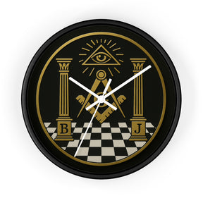 Master Mason Blue Lodge Clock - S&C with Pillars in Wooden Frame - Bricks Masons