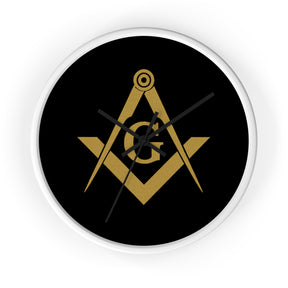 Master Mason Blue Lodge Clock - Shiny Golden S&C G on Black Dial - Bricks Masons