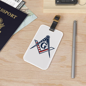Master Mason Blue Lodge Luggage Tag - USA Flag S&C G With Black Leather Strap - Bricks Masons