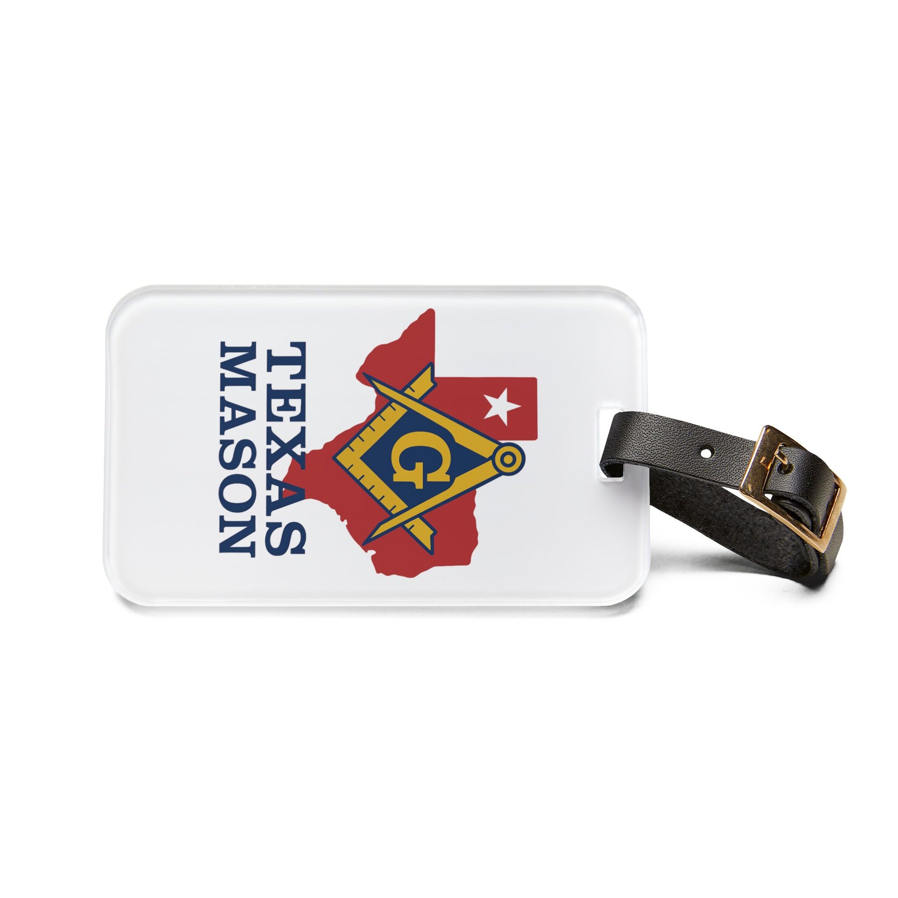 Master Mason Blue Lodge Luggage Tag - White Texas Mason With Black Leather Strap - Bricks Masons