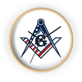 Master Mason Blue Lodge Clock - Square & Compass G with American Flag Design - Bricks Masons