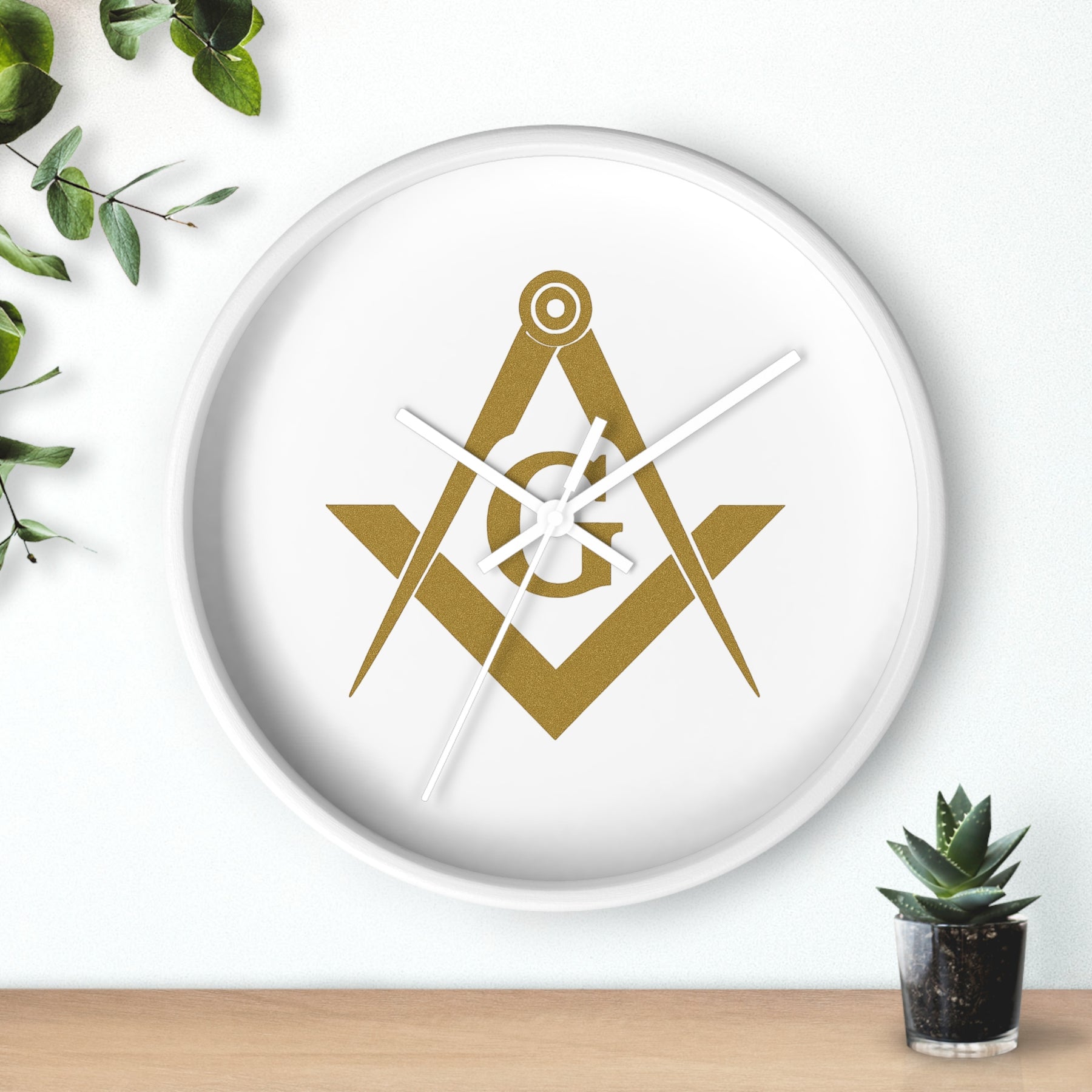 Master Mason Blue Lodge Clock - Golden Square & Compass G on White Dial - Bricks Masons