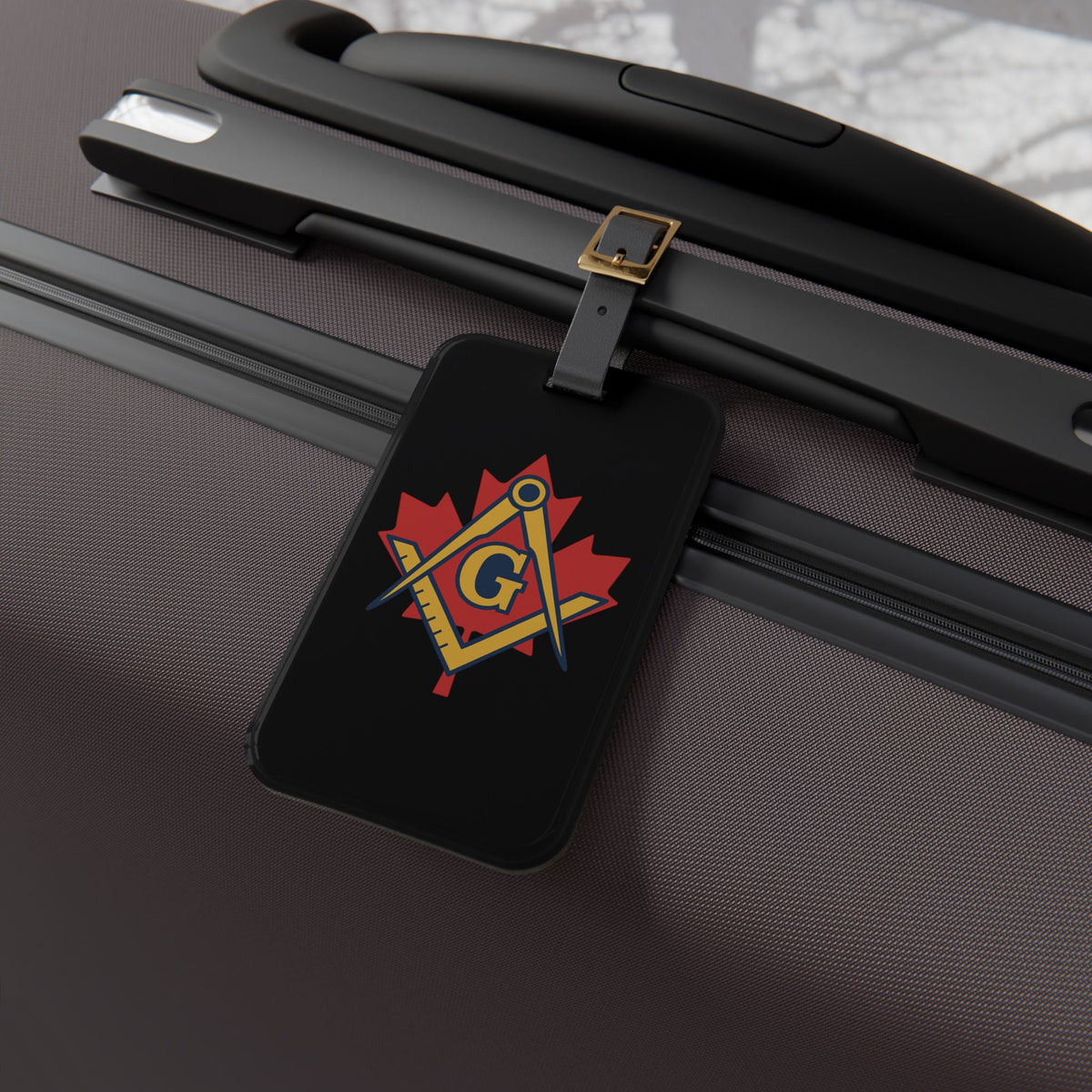 Master Mason Blue Lodge Canada Jurisdiction Luggage Tag - Maple Leaf Black Leather Strap - Bricks Masons