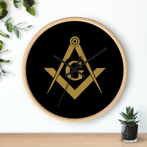 Master Mason Blue Lodge Clock - Shiny Golden S&C G on Black Dial - Bricks Masons