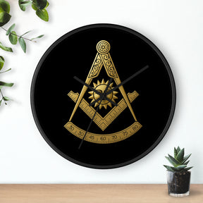 Past Master Blue Lodge Clock - Square Compass Sun & Quadrant Emblem on Wood Frame - Bricks Masons