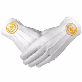 Master Mason Blue Lodge Gloves - White Leather with Yellow Square & Compass G