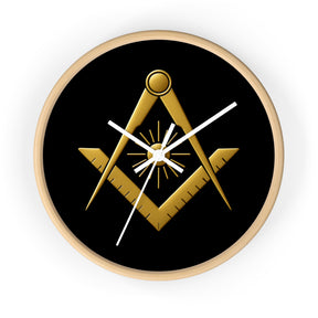 Master Mason Blue Lodge Clock - Golden S&C with Sun in Wooden Frame - Bricks Masons