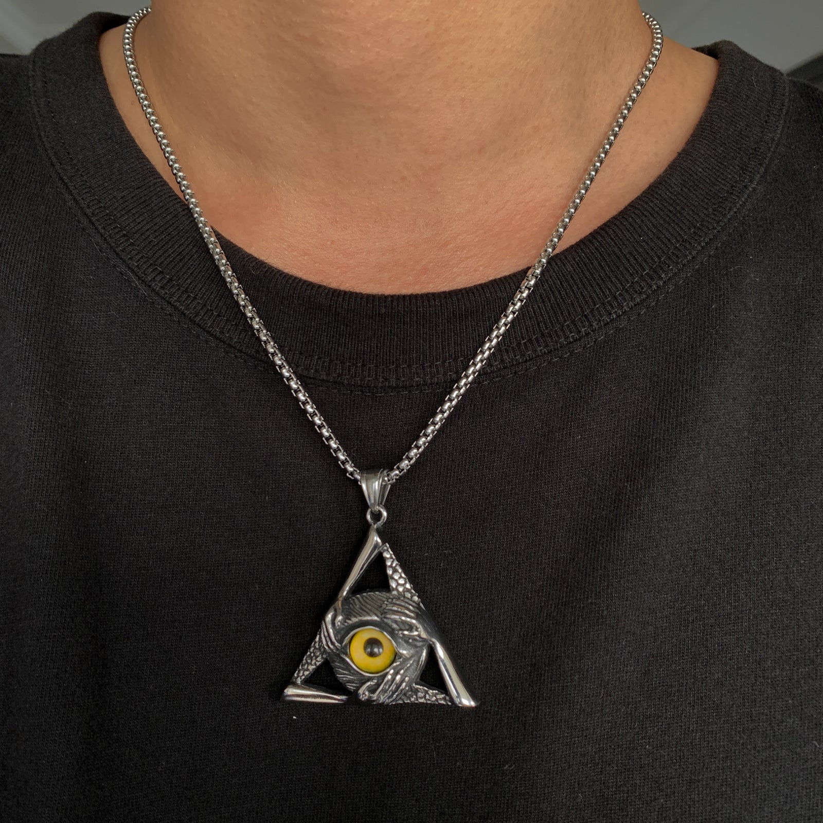 Eye Of Providence Necklace - Silver Stainless Steel Yellow All Seeing Eye Pendant - Bricks Masons