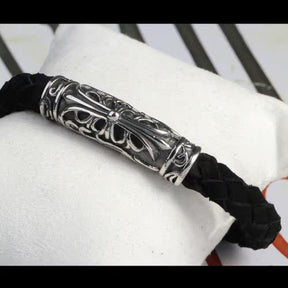 Knights Templar Commandery Bracelet - Silver & Black Leather Cross Bracelet With Magnetic Buckle - Bricks Masons