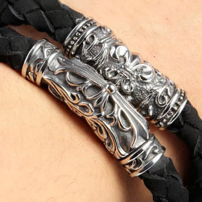 Knights Templar Commandery Bracelet - Silver & Black Leather Bracelet With Magnetic Buckle - Bricks Masons