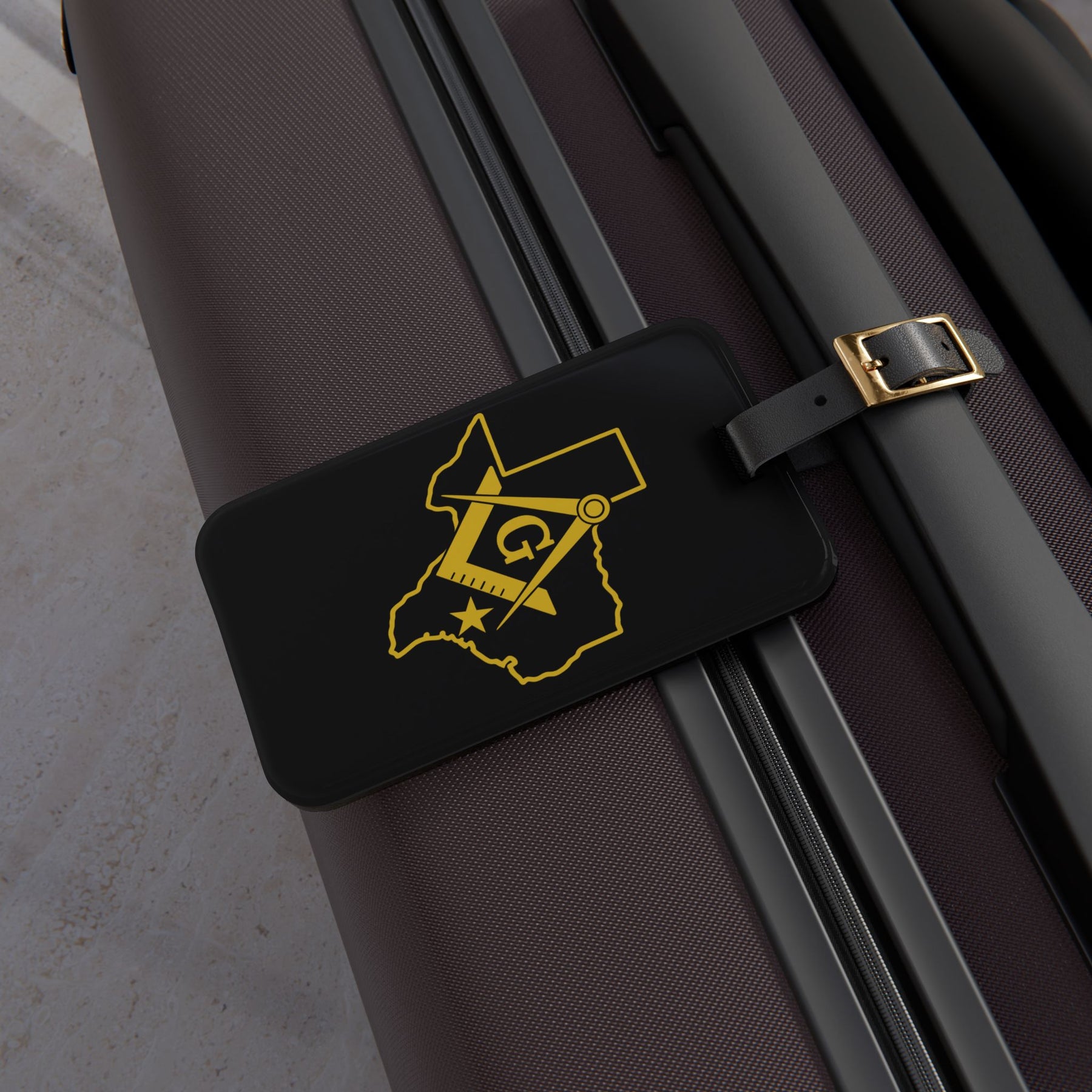 Master Mason Blue Lodge Luggage Tag - Black Texas Mason With Black Leather Strap - Bricks Masons