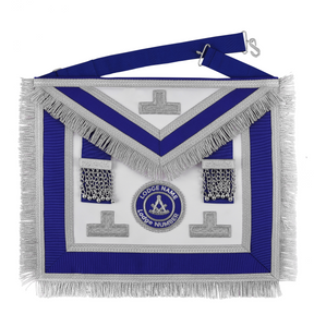 Past Master Blue Lodge Apron - Royal Blue Ribbon With Silver Fringe & Chain Tassels - Bricks Masons