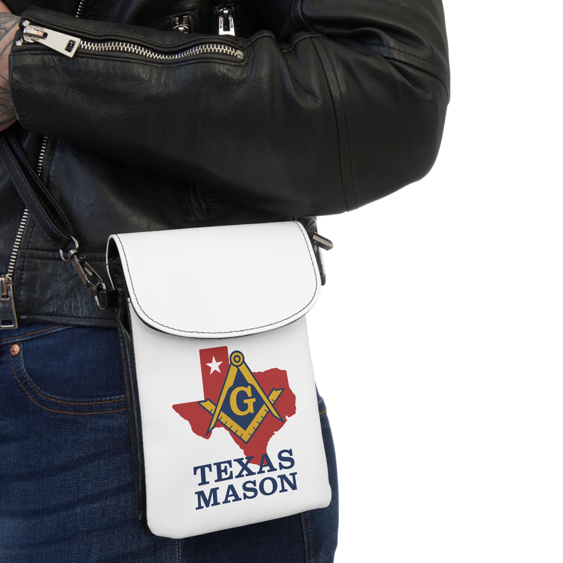 Master Mason Blue Lodge Cell Phone Wallet - Texas Masons White Microfiber Leather - Bricks Masons
