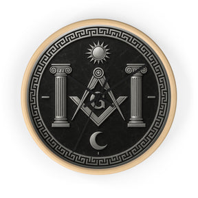 Master Mason Blue Lodge Clock - S&C with Pillars Sun & Moon on Wooden Frame - Bricks Masons