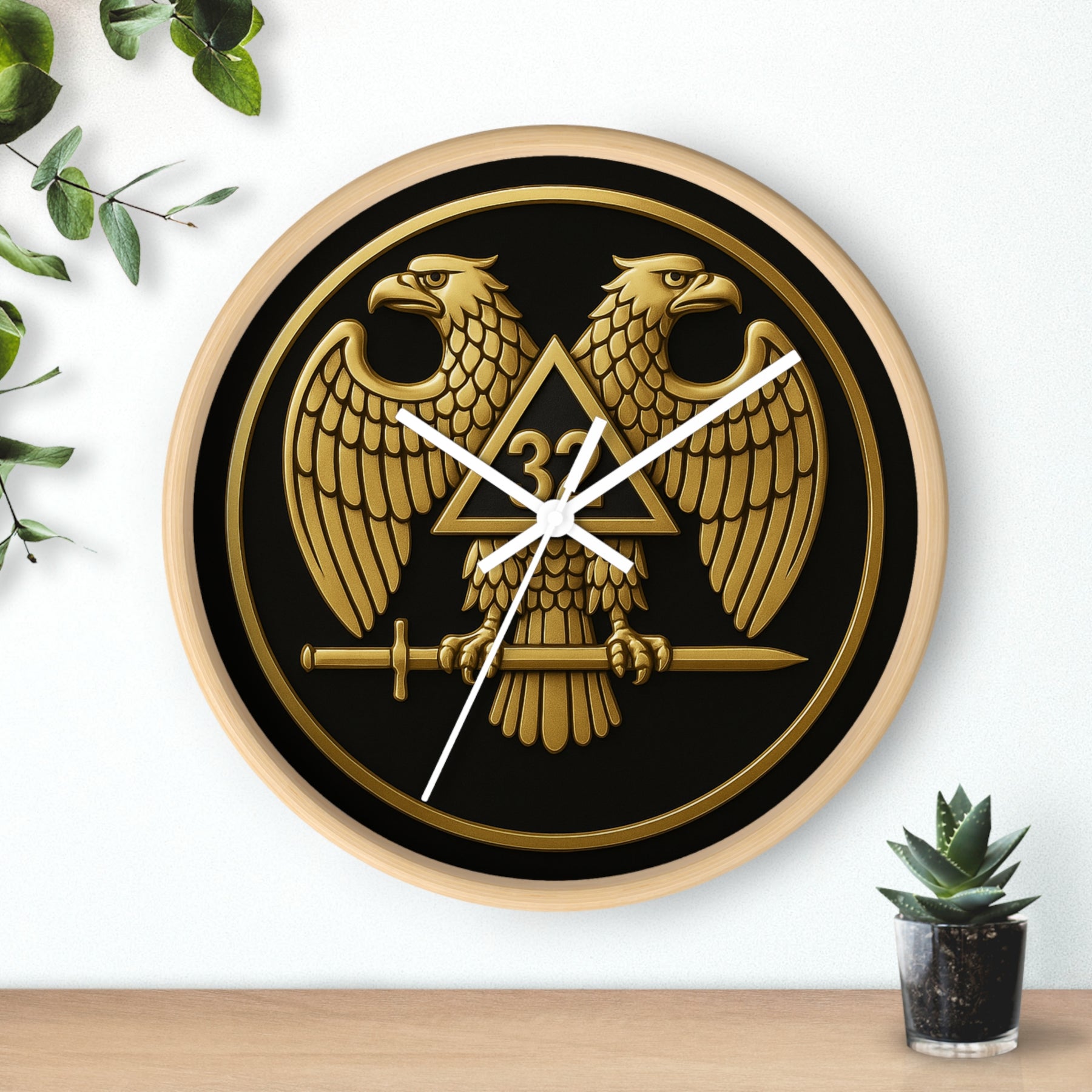 32nd Degree Scottish Rite Clock - Double Headed Eagle Emblem on Wood Frame - Bricks Masons