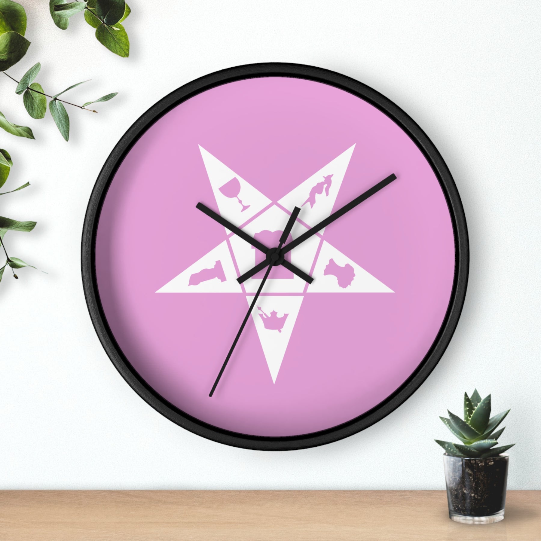 OES Clock - Wood Frame with White OES Emblem on Pink Dial - Bricks Masons