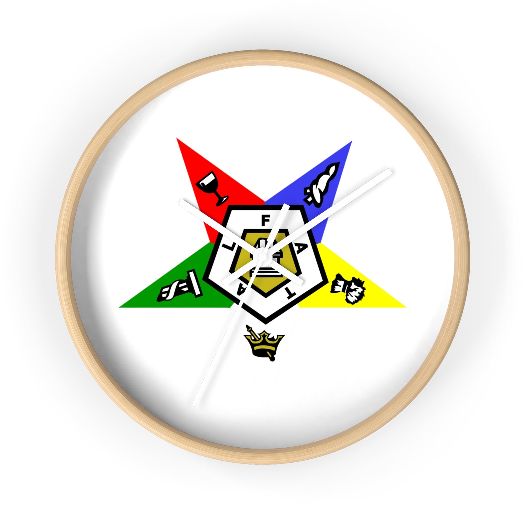 OES Clock - White Dial with Star Emblem in Wooden Frame - Bricks Masons