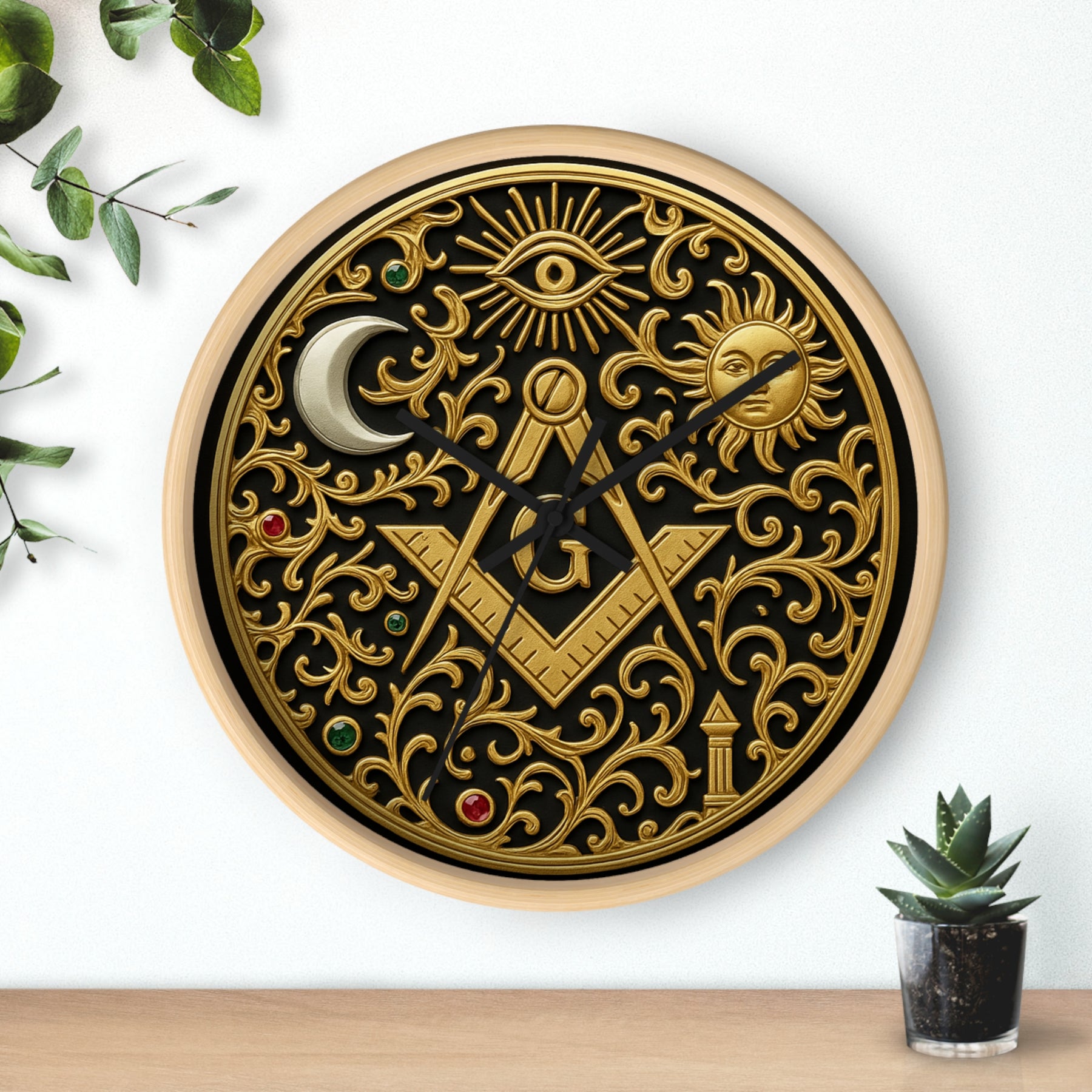 Master Mason Blue Lodge Clock - S&C G with Sun Moon & Eye with Golden Ornates - Bricks Masons