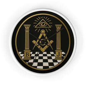 Master Mason Blue Lodge Clock - S&C with Pillars in Wooden Frame - Bricks Masons