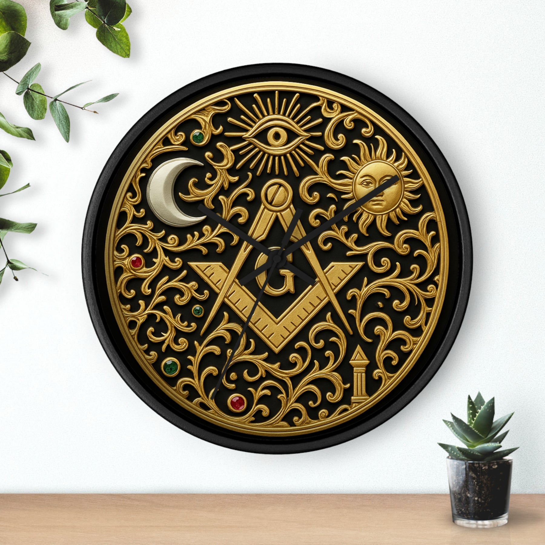 Master Mason Blue Lodge Clock - S&C G with Sun Moon & Eye with Golden Ornates - Bricks Masons