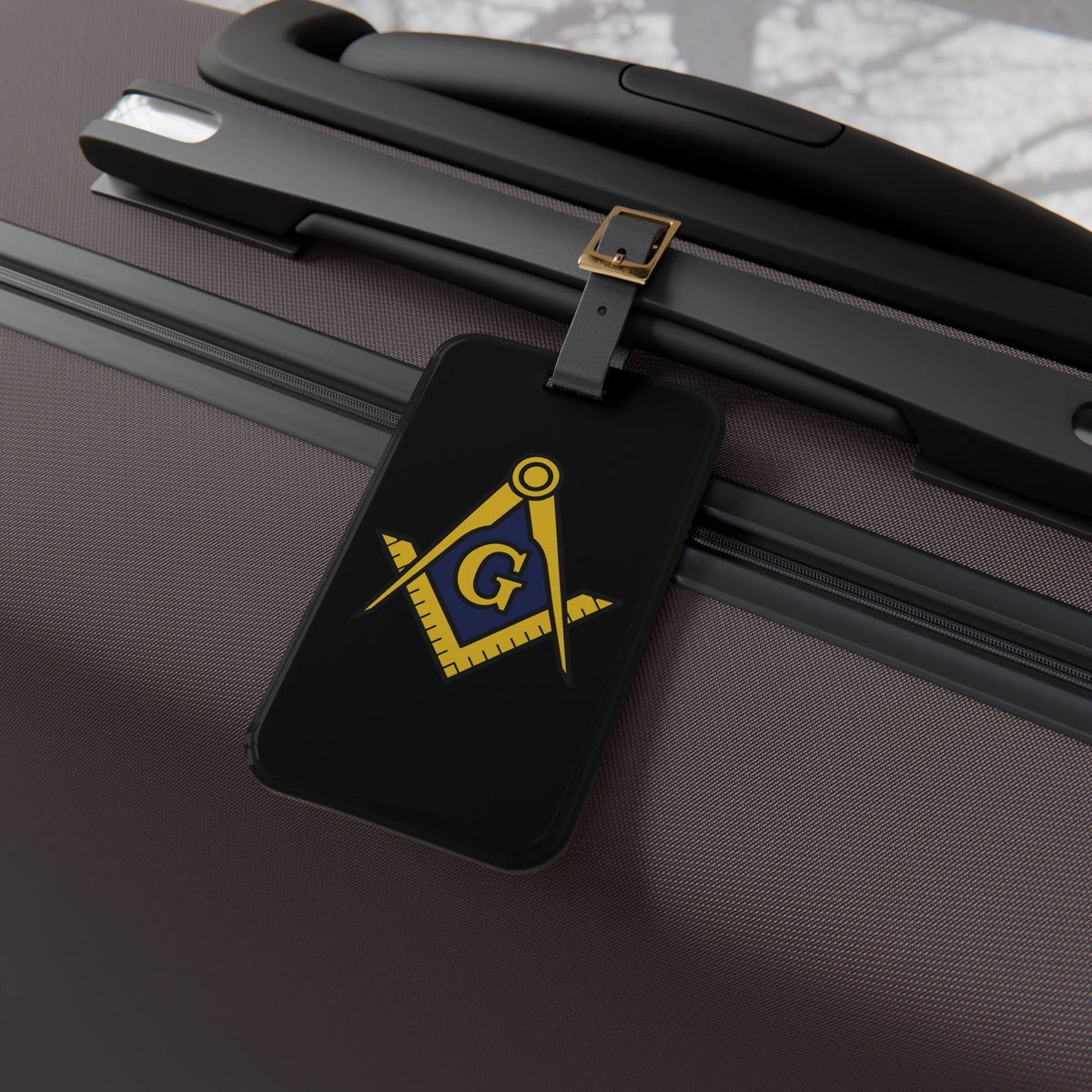 Master Mason Blue Lodge Luggage Tag - Black S&C G With Black Leather Strap - Bricks Masons