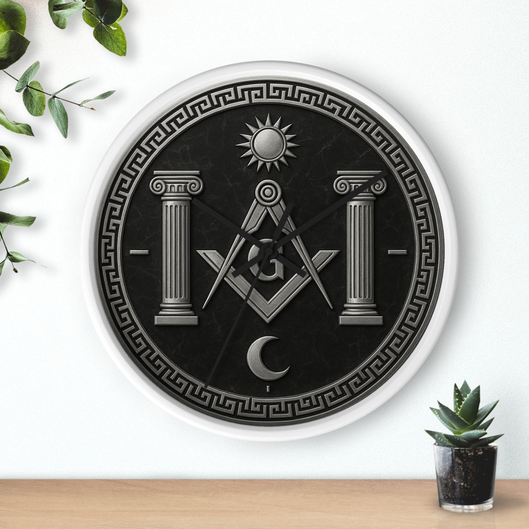 Master Mason Blue Lodge Clock - S&C with Pillars Sun & Moon on Wooden Frame - Bricks Masons
