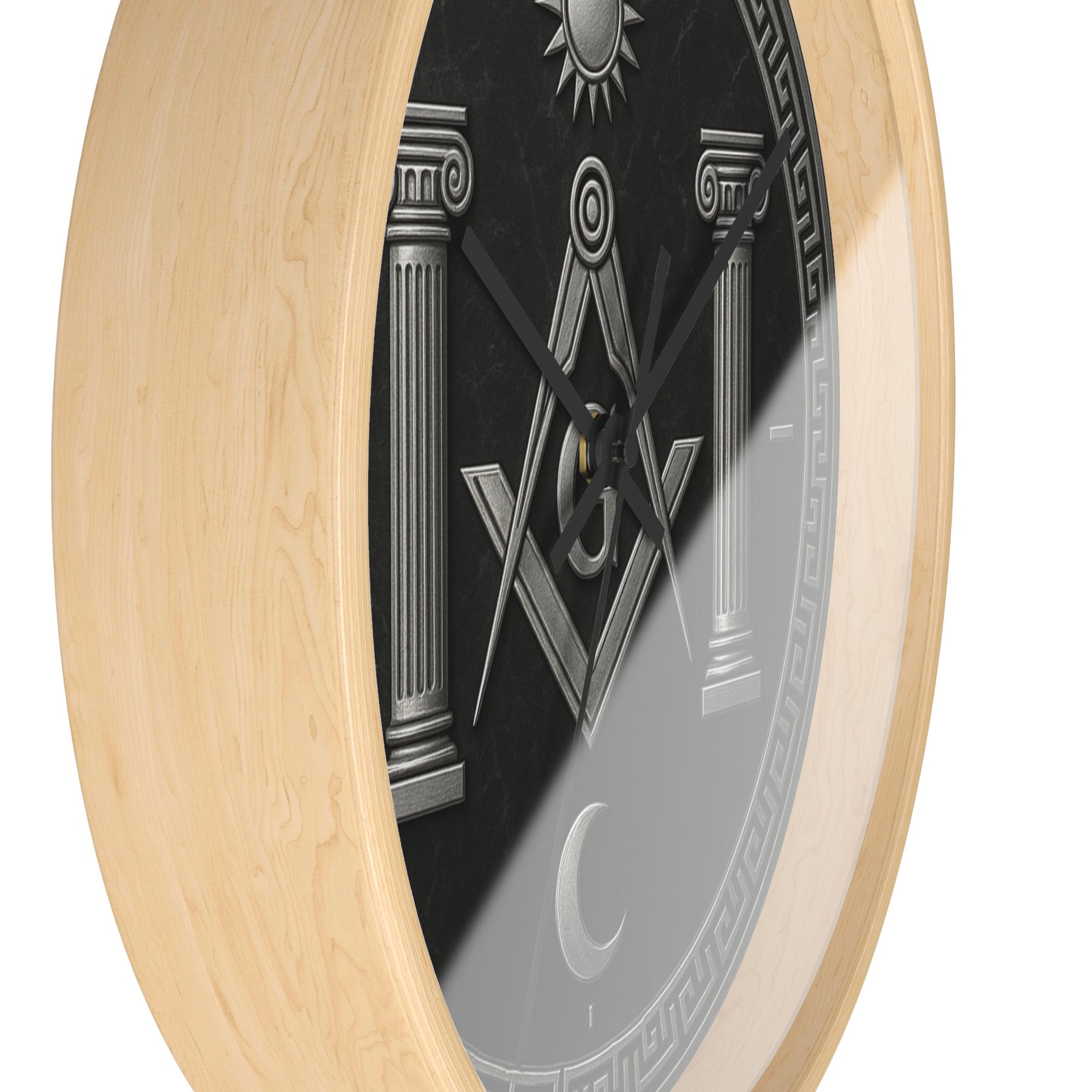 Master Mason Blue Lodge Clock - S&C with Pillars Sun & Moon on Wooden Frame - Bricks Masons