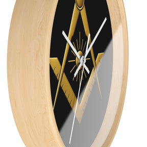 Master Mason Blue Lodge Clock - Golden S&C with Sun in Wooden Frame - Bricks Masons